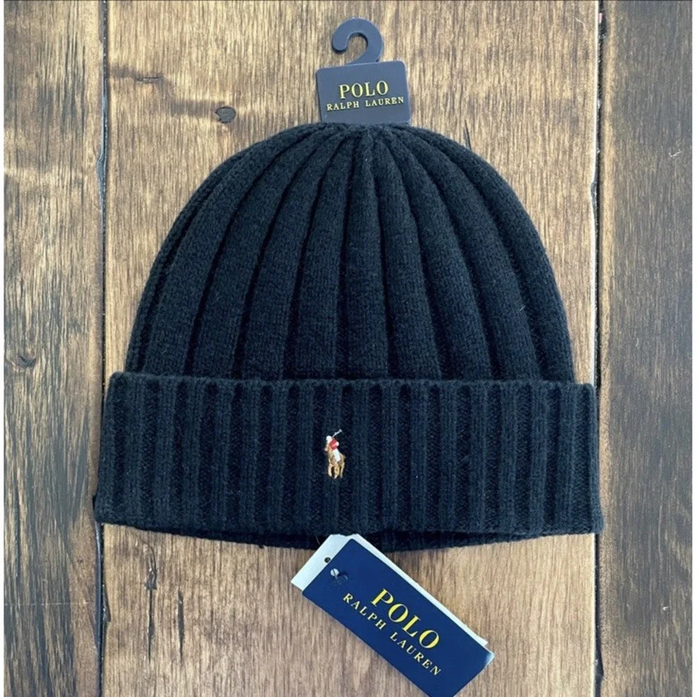 Polo Ralph Lauren‎ Signature Wool Blend Cuffed Beanie Black Tan New